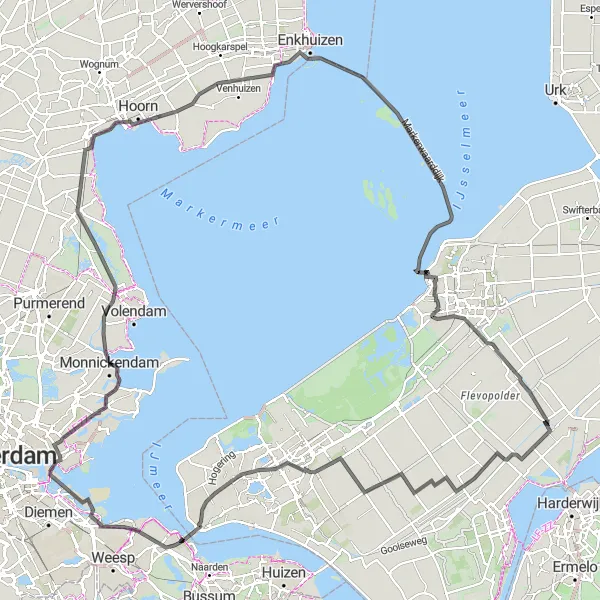 Miniatuurkaart van de fietsinspiratie "Monnickendam - Almere Stad fietsroute" in Noord-Holland, Netherlands. Gemaakt door de Tarmacs.app fietsrouteplanner