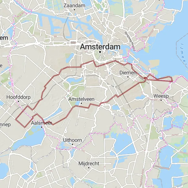 Map miniature of "Discovering Hidden Gems: Gravel Ride from Muiderslot to Magere Brug" cycling inspiration in Noord-Holland, Netherlands. Generated by Tarmacs.app cycling route planner