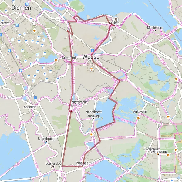 Map miniature of "A Short Ride Through History: Nederhorst den Berg and Muiden" cycling inspiration in Noord-Holland, Netherlands. Generated by Tarmacs.app cycling route planner