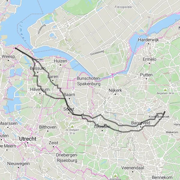 Miniatuurkaart van de fietsinspiratie "Wegroute langs Hilversum en Amersfoort" in Noord-Holland, Netherlands. Gemaakt door de Tarmacs.app fietsrouteplanner