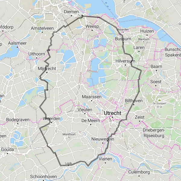 Map miniature of "Exploring Noord-Holland: Muiden to Oudewater Loop" cycling inspiration in Noord-Holland, Netherlands. Generated by Tarmacs.app cycling route planner