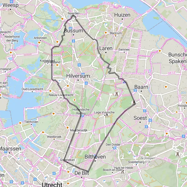 Miniatuurkaart van de fietsinspiratie "Naarden - Bilthoven Route" in Noord-Holland, Netherlands. Gemaakt door de Tarmacs.app fietsrouteplanner