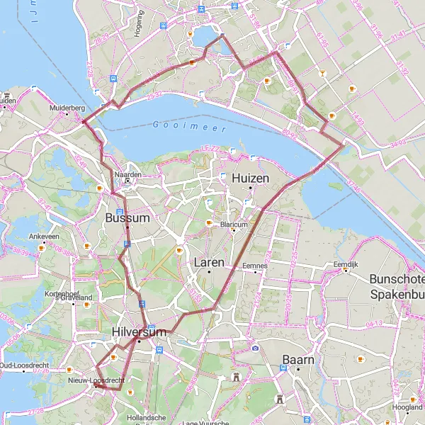 Miniatuurkaart van de fietsinspiratie "Avontuurlijke Gravelroute door 't Gooi en Flevoland" in Noord-Holland, Netherlands. Gemaakt door de Tarmacs.app fietsrouteplanner