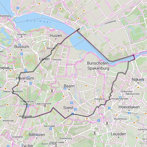 Miniatuurkaart van de fietsinspiratie "Historische Schoonheid van 't Gooi naar Amersfoort" in Noord-Holland, Netherlands. Gemaakt door de Tarmacs.app fietsrouteplanner