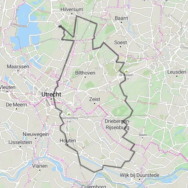 Miniatuurkaart van de fietsinspiratie "Koninklijke Omgeving van Baarn en Utrecht" in Noord-Holland, Netherlands. Gemaakt door de Tarmacs.app fietsrouteplanner