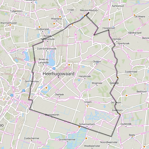 Map miniature of "Hidden Waterways" cycling inspiration in Noord-Holland, Netherlands. Generated by Tarmacs.app cycling route planner