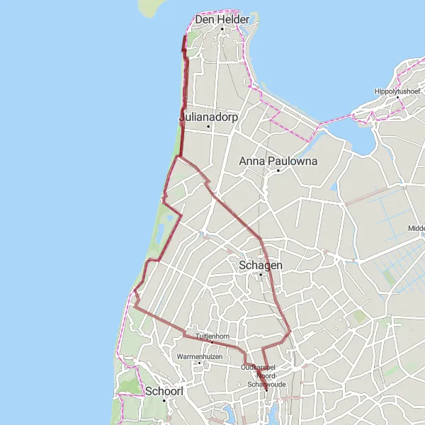 Map miniature of "Coastal Gravel Adventure" cycling inspiration in Noord-Holland, Netherlands. Generated by Tarmacs.app cycling route planner