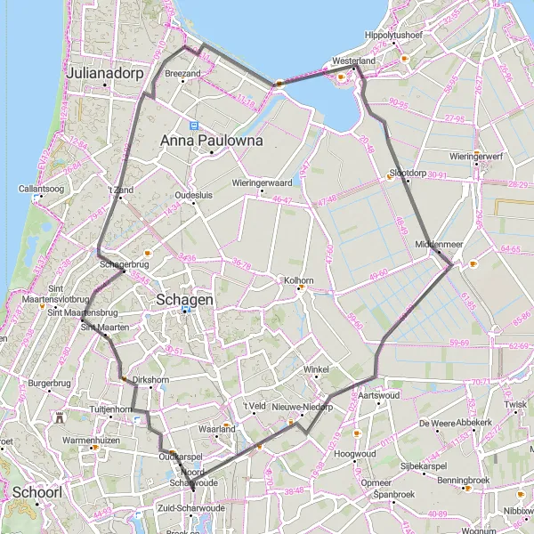 Miniatuurkaart van de fietsinspiratie "Rondje West-Friesland" in Noord-Holland, Netherlands. Gemaakt door de Tarmacs.app fietsrouteplanner