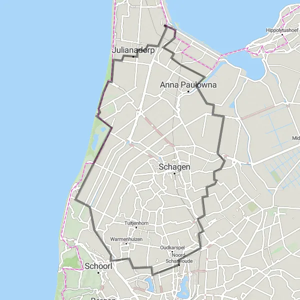 Map miniature of "Leisurely Tour of Noord-Holland" cycling inspiration in Noord-Holland, Netherlands. Generated by Tarmacs.app cycling route planner