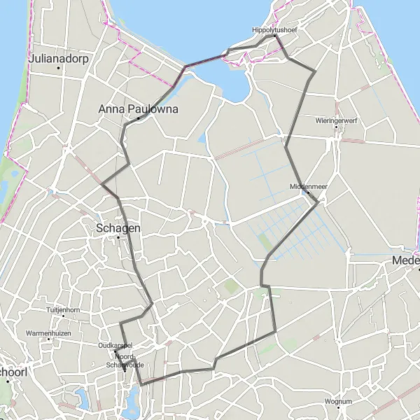 Map miniature of "Historical Landscapes of North Holland" cycling inspiration in Noord-Holland, Netherlands. Generated by Tarmacs.app cycling route planner