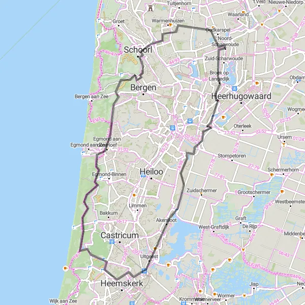 Map miniature of "Eastward Journey through Historic North Holland" cycling inspiration in Noord-Holland, Netherlands. Generated by Tarmacs.app cycling route planner
