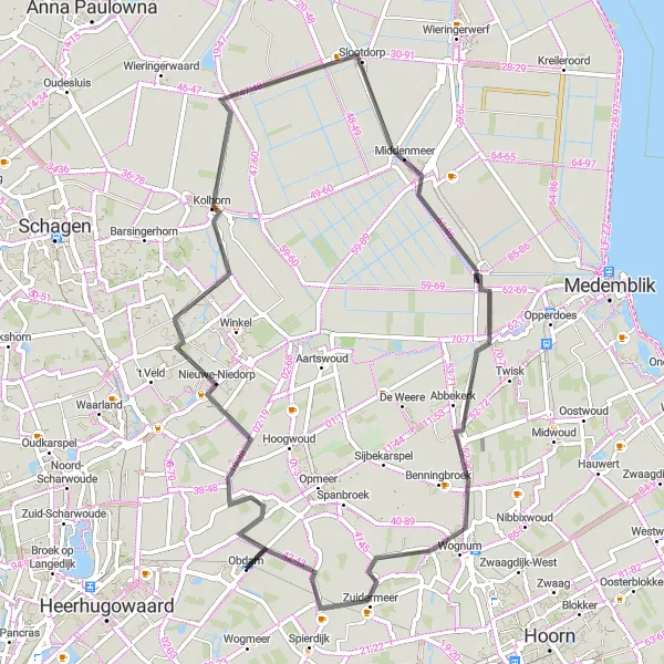 Map miniature of "West Frisian Meadows Tour by Road Bike" cycling inspiration in Noord-Holland, Netherlands. Generated by Tarmacs.app cycling route planner