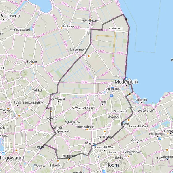 Map miniature of "Opmeer to Zandwerven Loop" cycling inspiration in Noord-Holland, Netherlands. Generated by Tarmacs.app cycling route planner