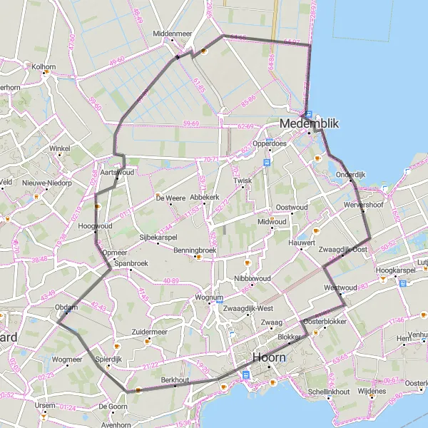 Map miniature of "Opmeer to Berkhout Loop" cycling inspiration in Noord-Holland, Netherlands. Generated by Tarmacs.app cycling route planner