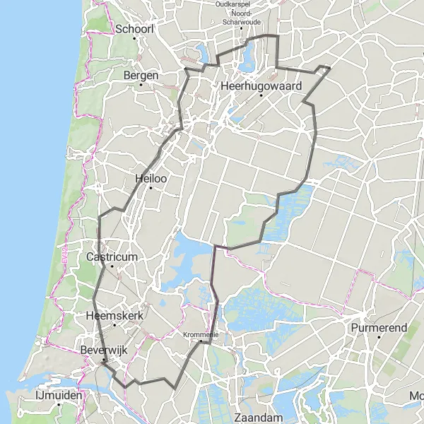 Miniatuurkaart van de fietsinspiratie "Historisch Krommenie en Natuurlijk Bakkum" in Noord-Holland, Netherlands. Gemaakt door de Tarmacs.app fietsrouteplanner