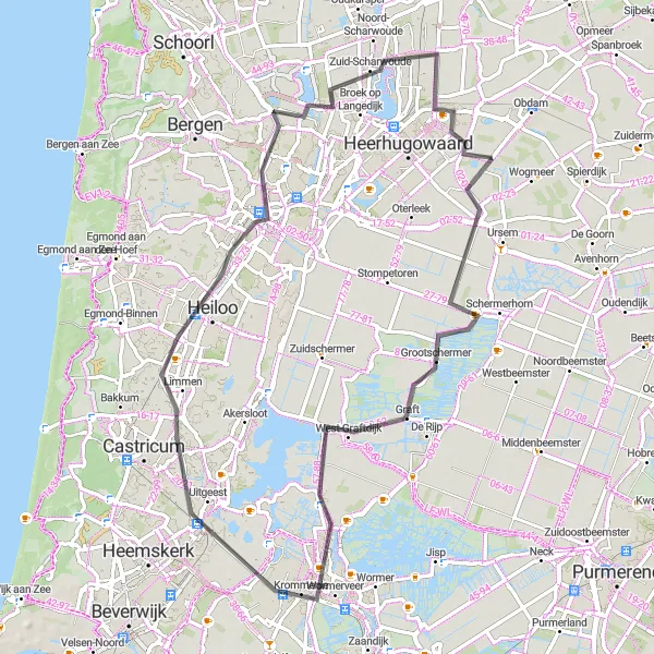 Map miniature of "North Holland Countryside Loop by Road Bike" cycling inspiration in Noord-Holland, Netherlands. Generated by Tarmacs.app cycling route planner