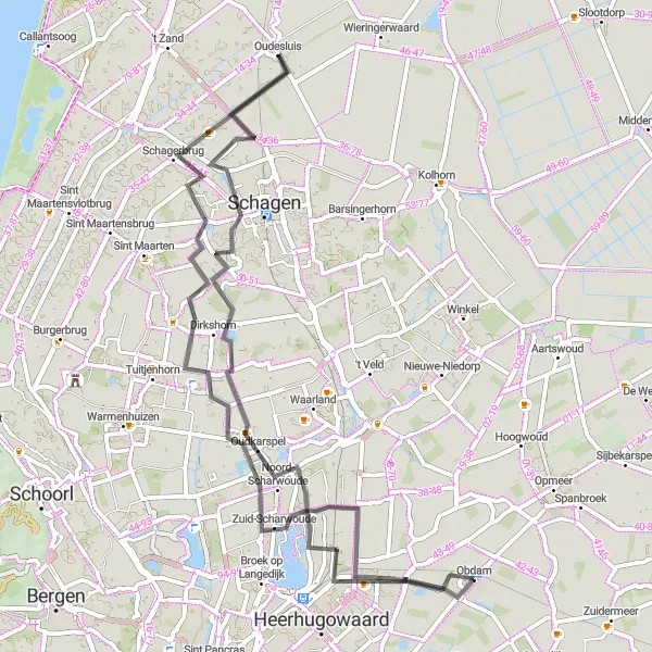 Miniatuurkaart van de fietsinspiratie "Molens in Noord-Scharwoude en Dirkshorn" in Noord-Holland, Netherlands. Gemaakt door de Tarmacs.app fietsrouteplanner