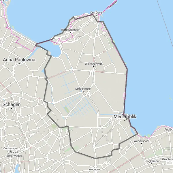 Map miniature of "Aartswoud to Den Oever Road Route" cycling inspiration in Noord-Holland, Netherlands. Generated by Tarmacs.app cycling route planner
