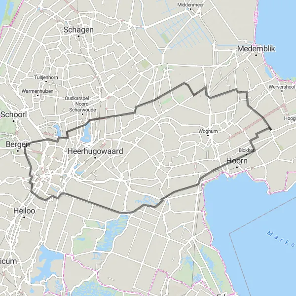 Map miniature of "Challenging Hills and Scenic Landscapes" cycling inspiration in Noord-Holland, Netherlands. Generated by Tarmacs.app cycling route planner