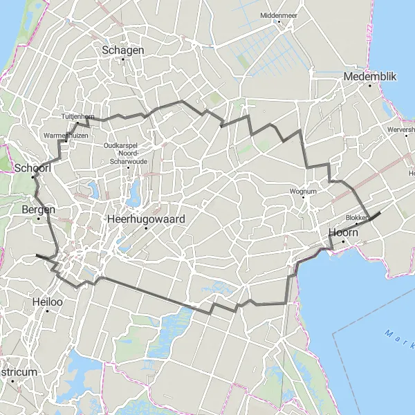 Map miniature of "Hoorn and Schoorl Loop" cycling inspiration in Noord-Holland, Netherlands. Generated by Tarmacs.app cycling route planner