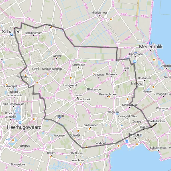 Map miniature of "Hoorn and Beyond" cycling inspiration in Noord-Holland, Netherlands. Generated by Tarmacs.app cycling route planner