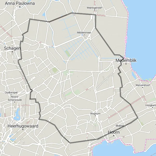 Map miniature of "Discovering Northern Noord-Holland" cycling inspiration in Noord-Holland, Netherlands. Generated by Tarmacs.app cycling route planner