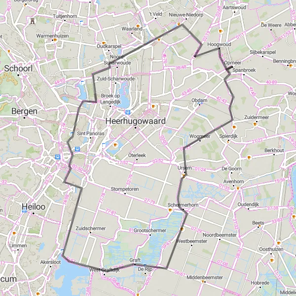 Map miniature of "Opmeer - Ursem - De Rijp - Adventure Hill - Waag - Nieuwe-Niedorp - Hoogwoud" cycling inspiration in Noord-Holland, Netherlands. Generated by Tarmacs.app cycling route planner