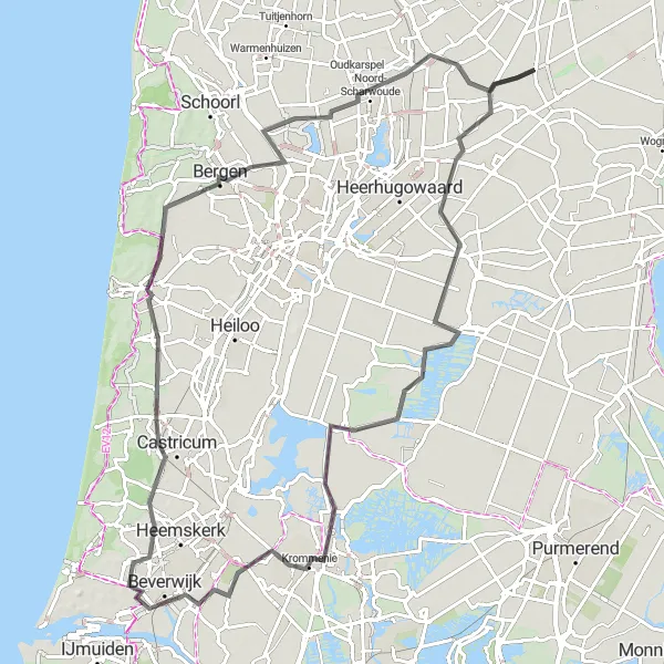 Map miniature of "Opmeer - Rustenburg - Krommenie - Papenberg - Bakkum - Bergen - Oude-Niedorp" cycling inspiration in Noord-Holland, Netherlands. Generated by Tarmacs.app cycling route planner