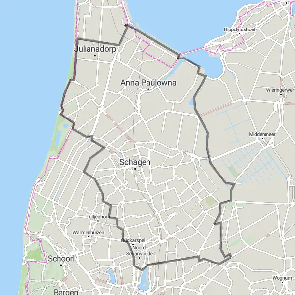 Miniatuurkaart van de fietsinspiratie "Avontuurlijke route door Callantsoog" in Noord-Holland, Netherlands. Gemaakt door de Tarmacs.app fietsrouteplanner