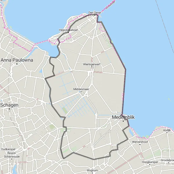 Map miniature of "Medemblik Loop" cycling inspiration in Noord-Holland, Netherlands. Generated by Tarmacs.app cycling route planner