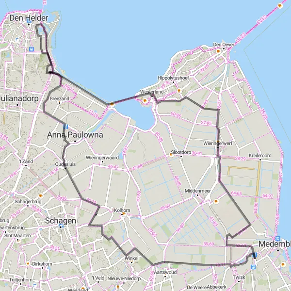 Map miniature of "Coastal Delights" cycling inspiration in Noord-Holland, Netherlands. Generated by Tarmacs.app cycling route planner