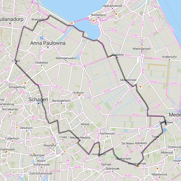 Miniatuurkaart van de fietsinspiratie "Dijken, tulpen en windmolens" in Noord-Holland, Netherlands. Gemaakt door de Tarmacs.app fietsrouteplanner