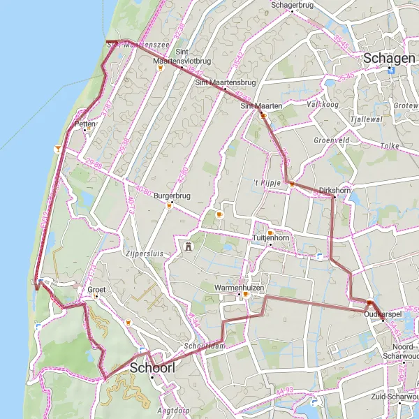 Map miniature of "Scenic Gravel Adventure" cycling inspiration in Noord-Holland, Netherlands. Generated by Tarmacs.app cycling route planner