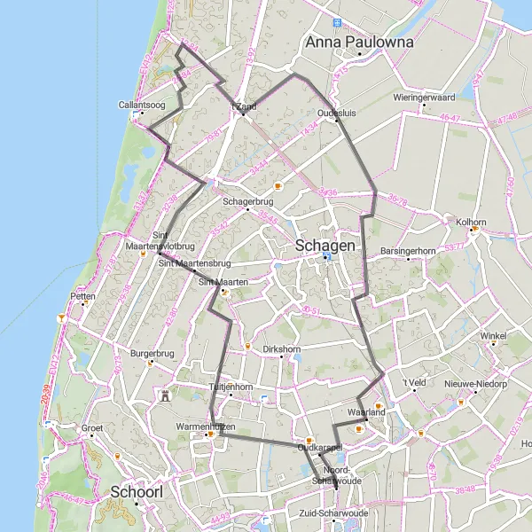 Map miniature of "Oudkarspel - De bult van Barnewiel - Warmenhuizen - Sint Maarten - Botenhuis - 't Zand - Haringhuizen - Waarland - Oudkarspel" cycling inspiration in Noord-Holland, Netherlands. Generated by Tarmacs.app cycling route planner