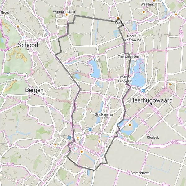 Map miniature of "Oudkarspel - De bult van Barnewiel - Broek op Langedijk - Adventure hill - Waag - Warmenhuizen - Oudkarspel" cycling inspiration in Noord-Holland, Netherlands. Generated by Tarmacs.app cycling route planner