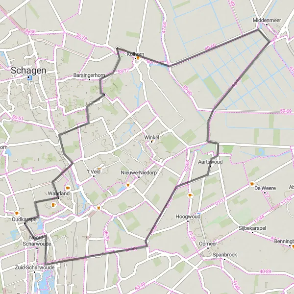 Map miniature of "Oudkarspel - Waarland - Kolhorn - Aartswoud - Veenhuizen - Noord-Scharwoude - Oudkarspel" cycling inspiration in Noord-Holland, Netherlands. Generated by Tarmacs.app cycling route planner