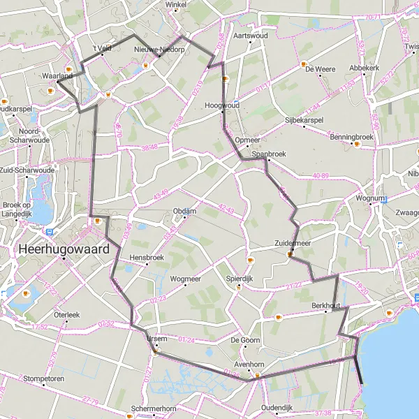 Miniatuurkaart van de fietsinspiratie "Polderlandschap rond Oudkarspel" in Noord-Holland, Netherlands. Gemaakt door de Tarmacs.app fietsrouteplanner