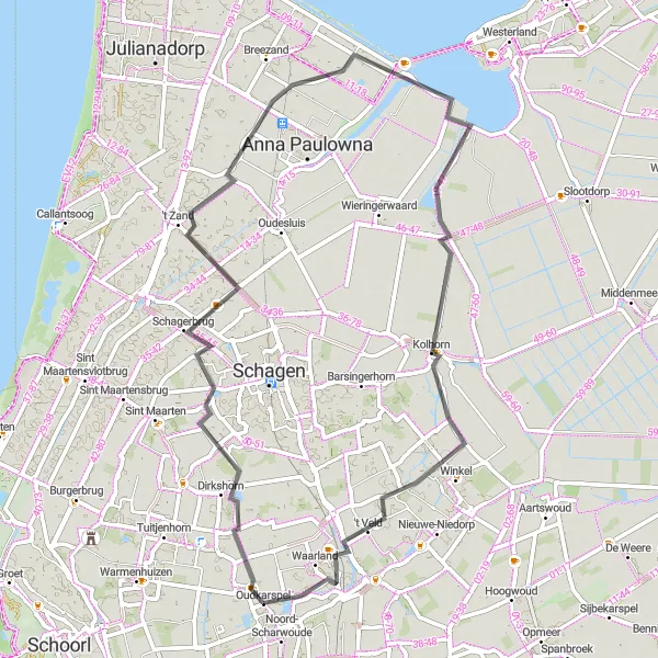 Map miniature of "Oudkarspel - Valkkoog - 't Zand - Gelderse Buurt - Winkel - Waarland - Oudkarspel" cycling inspiration in Noord-Holland, Netherlands. Generated by Tarmacs.app cycling route planner