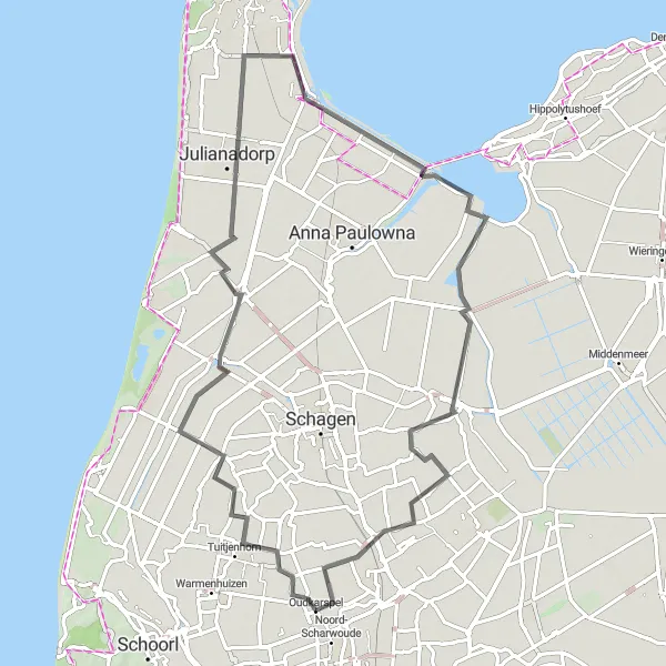 Miniatuurkaart van de fietsinspiratie "Kust en polder fietstocht" in Noord-Holland, Netherlands. Gemaakt door de Tarmacs.app fietsrouteplanner