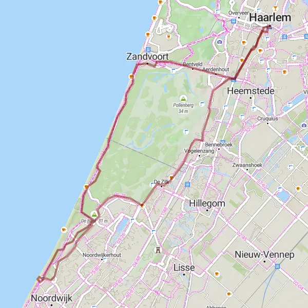 Map miniature of "Gravel loop through Haarlem and Torenberg" cycling inspiration in Noord-Holland, Netherlands. Generated by Tarmacs.app cycling route planner