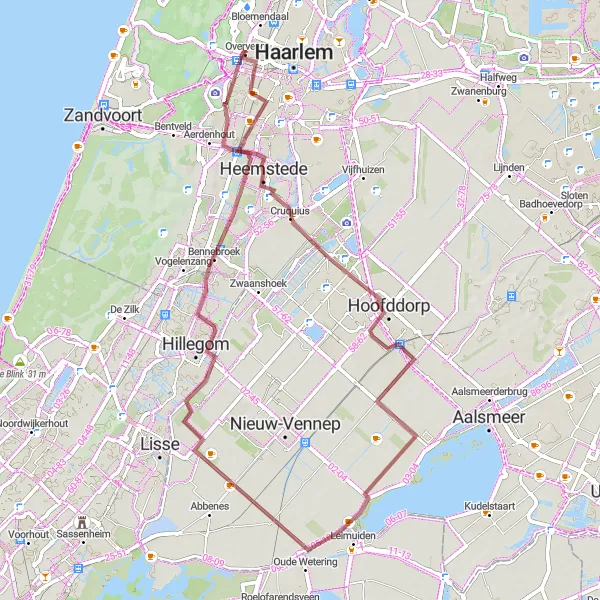 Map miniature of "Gravel adventure from Overveen to Burgerveen" cycling inspiration in Noord-Holland, Netherlands. Generated by Tarmacs.app cycling route planner