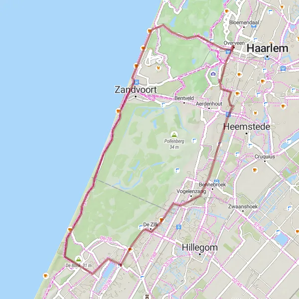 Map miniature of "Gravel ride through Bloemendaal and Zandvoort" cycling inspiration in Noord-Holland, Netherlands. Generated by Tarmacs.app cycling route planner