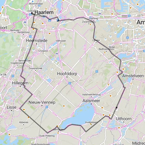 Map miniature of "Haarlem and Beyond" cycling inspiration in Noord-Holland, Netherlands. Generated by Tarmacs.app cycling route planner