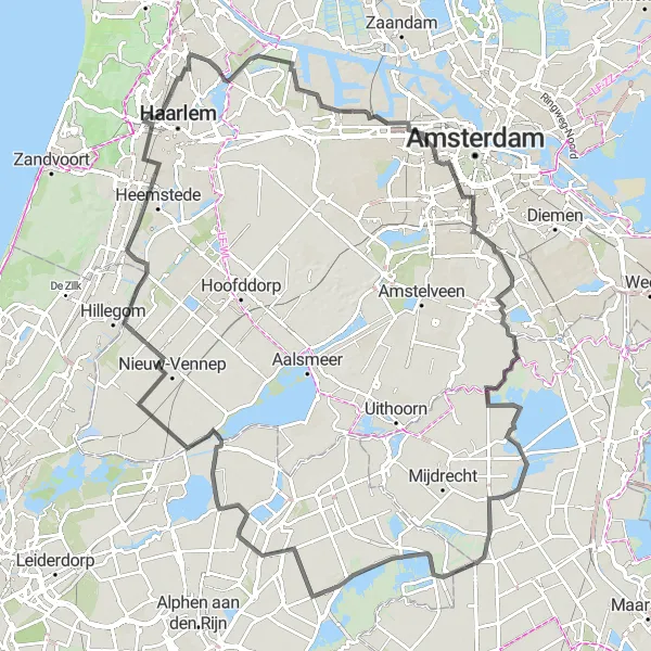 Map miniature of "Coastal Exploration" cycling inspiration in Noord-Holland, Netherlands. Generated by Tarmacs.app cycling route planner