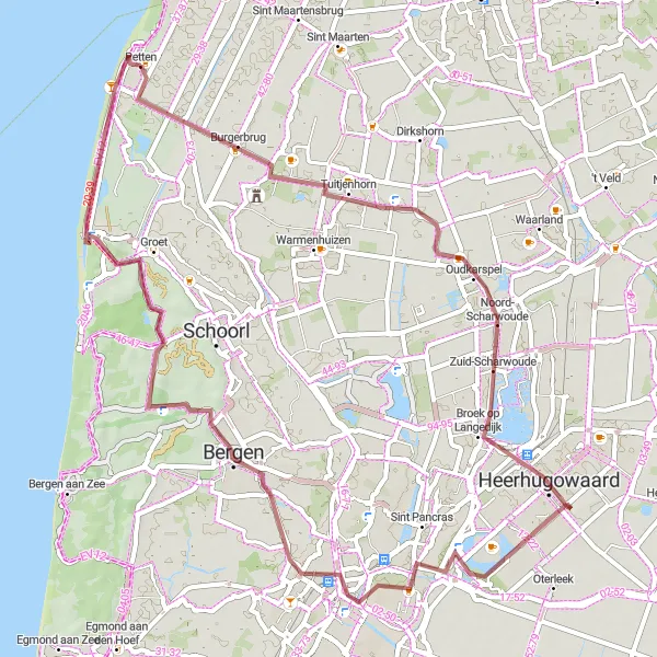 Miniatuurkaart van de fietsinspiratie "Gravelroute van 53 km langs natuur en cultuur" in Noord-Holland, Netherlands. Gemaakt door de Tarmacs.app fietsrouteplanner