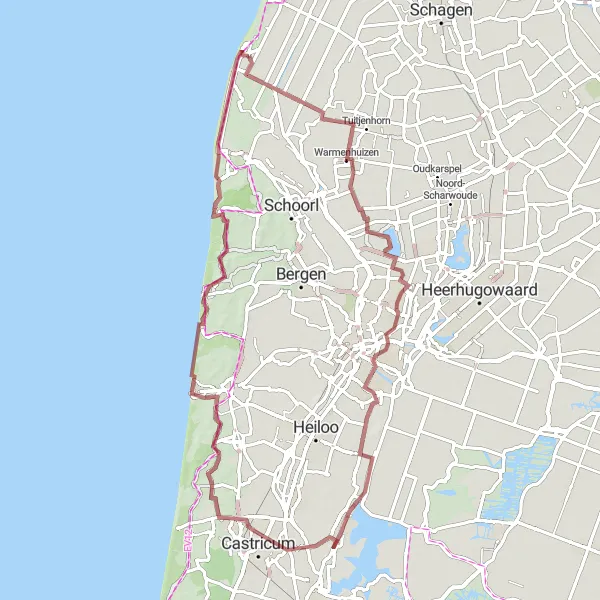 Map miniature of "Scenic Gravel Ride from Petten" cycling inspiration in Noord-Holland, Netherlands. Generated by Tarmacs.app cycling route planner