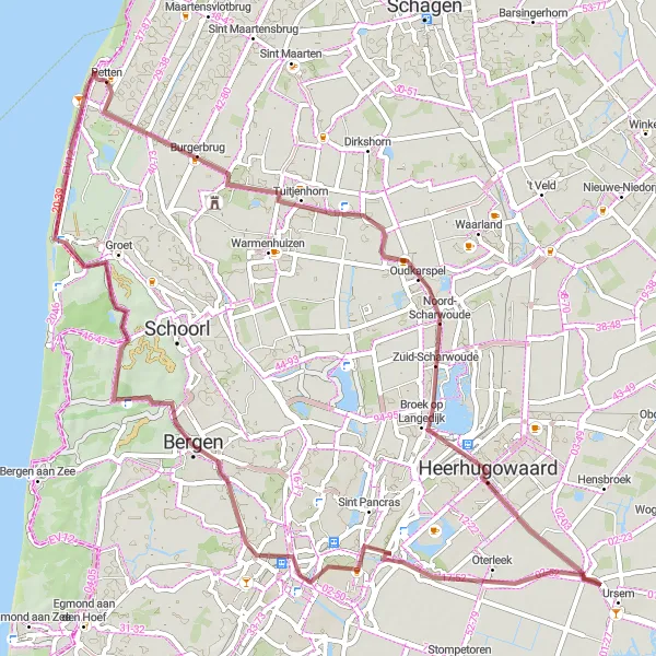 Map miniature of "Gravel Cycling Adventure to Bergen" cycling inspiration in Noord-Holland, Netherlands. Generated by Tarmacs.app cycling route planner