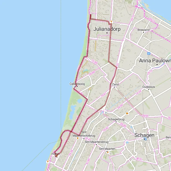 Map miniature of "Coastal Gravel Ride from Petten to Sint Maartenszee" cycling inspiration in Noord-Holland, Netherlands. Generated by Tarmacs.app cycling route planner