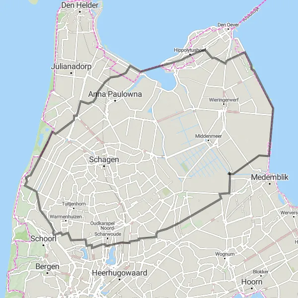 Map miniature of "Petten and the Mennonite Neighborhood" cycling inspiration in Noord-Holland, Netherlands. Generated by Tarmacs.app cycling route planner