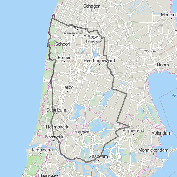Map miniature of "From Petten to Camperduin: Coastal Delights" cycling inspiration in Noord-Holland, Netherlands. Generated by Tarmacs.app cycling route planner